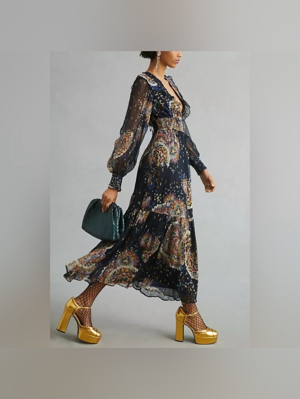 Anthropologie Black Colorful Metallic Smocked V-Neck Maxi Dress S